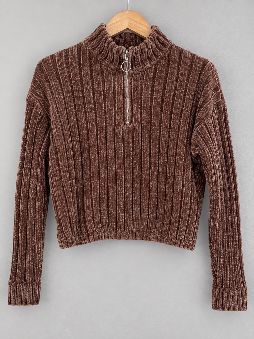 Pink Rose Brown Chenille Sweater Women’s Small Quarter Zip Ribbed Cropped